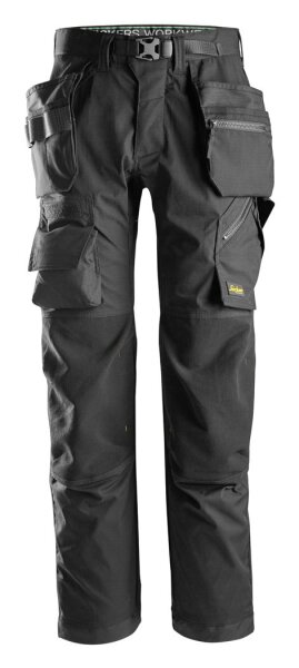 6923 Snickers FlexiWork, pantaloni da lavoro per posatori di pavimenti + tasche a fondina - 0404 nero - 160 (taglia lunga: +6 cm di lunghezza della gamba)